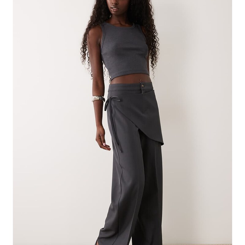 The Frolic wrap front tie straight leg trouser in charcoal-Grey