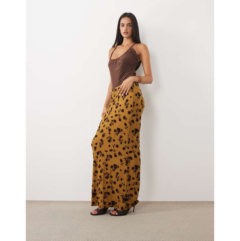 ASOS DESIGN flocked mesh low rise co ord maxi skirt-Green