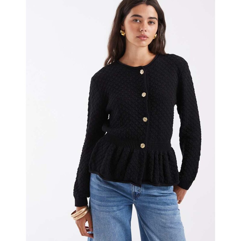 ASOS DESIGN knitted peplum long sleeve top with gold buttons in