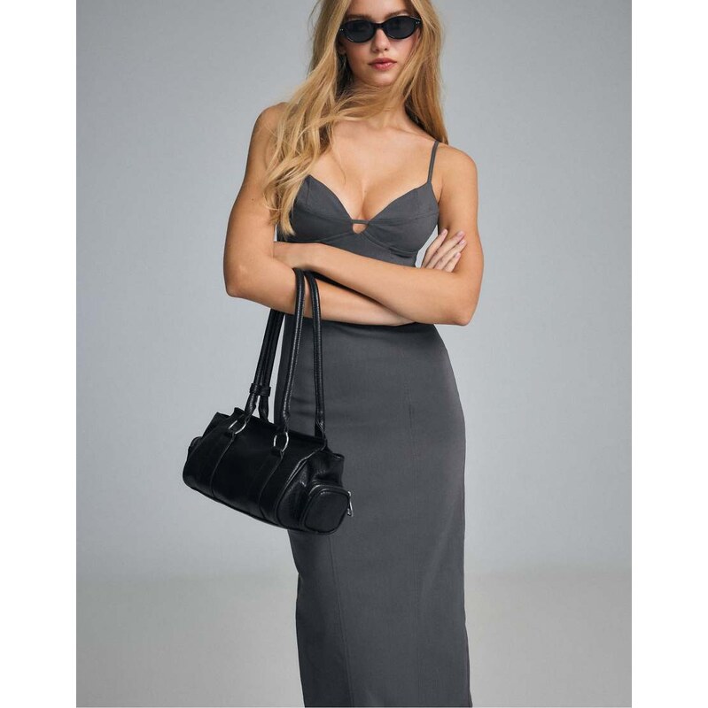 Stradivarius Bengaline midi dress with straps in dark grey