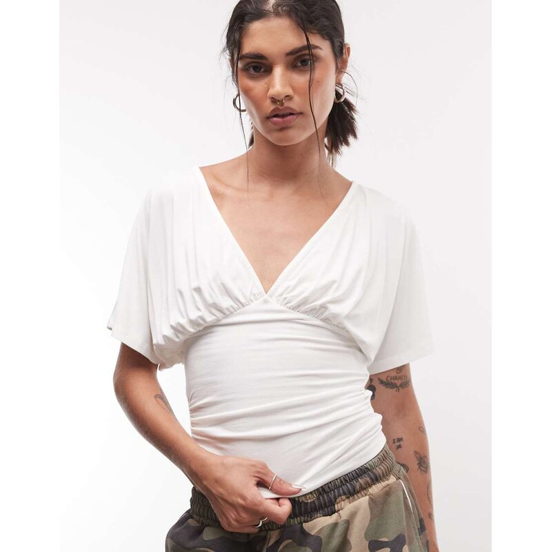 Noisy May v-neck cinch top with bat sleeves in white