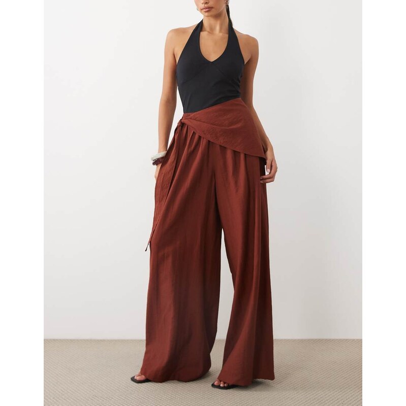 ASOS DESIGN straight leg wrap skirt detail trousers in brown