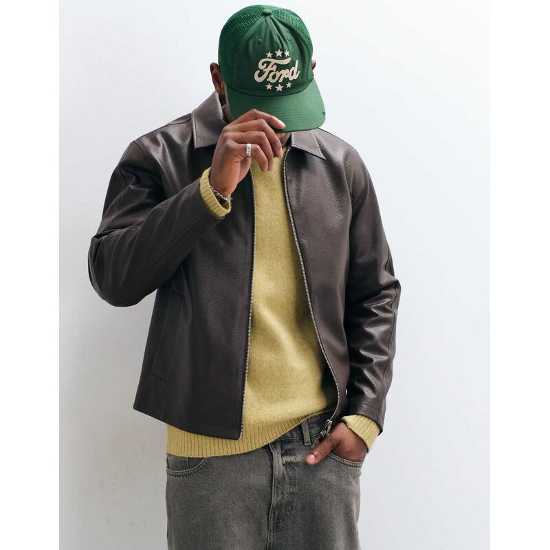 ONLY & SONS faux leather zip thru jacket in chocolate-Brown
