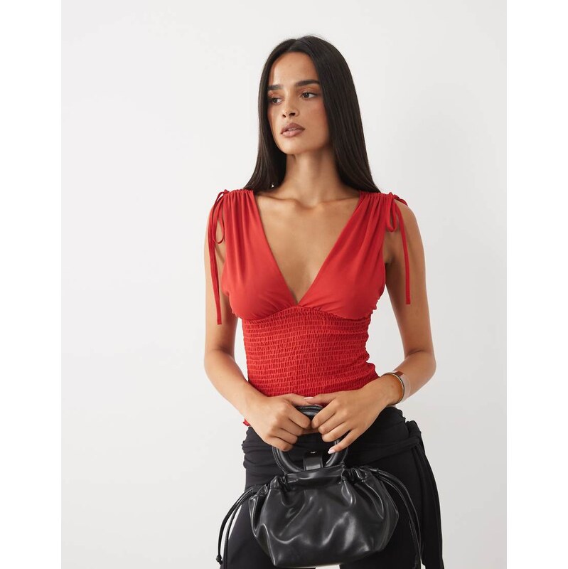 ASOS DESIGN mesh shirred plunged top in red