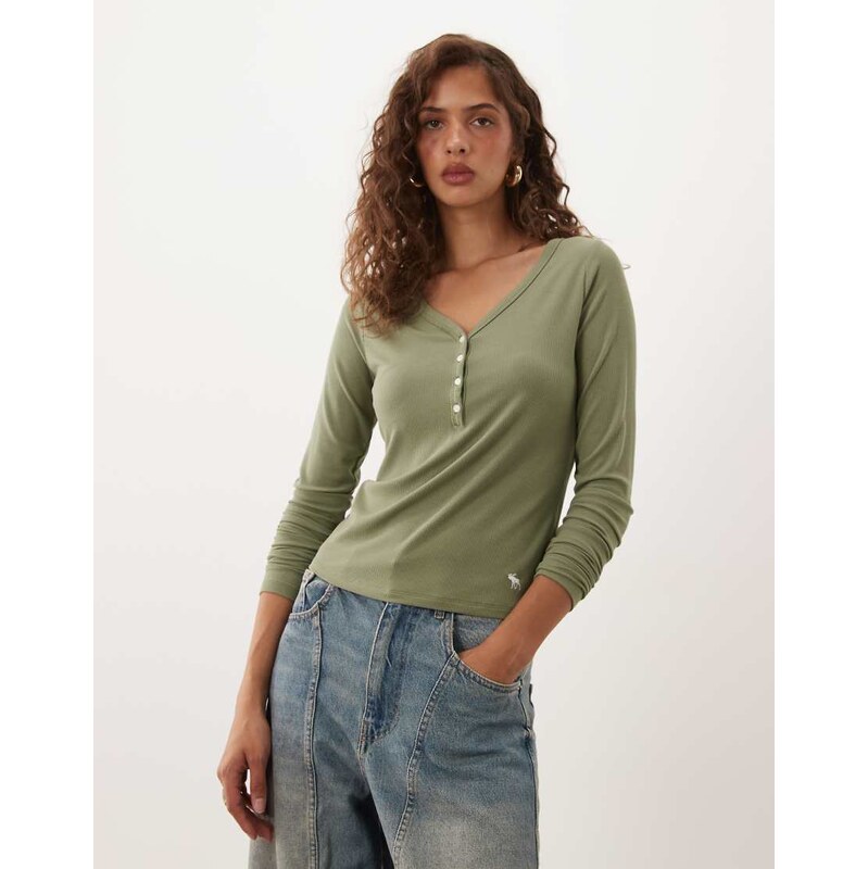 Abercrombie & Fitch long sleeve ribbed henley top in green