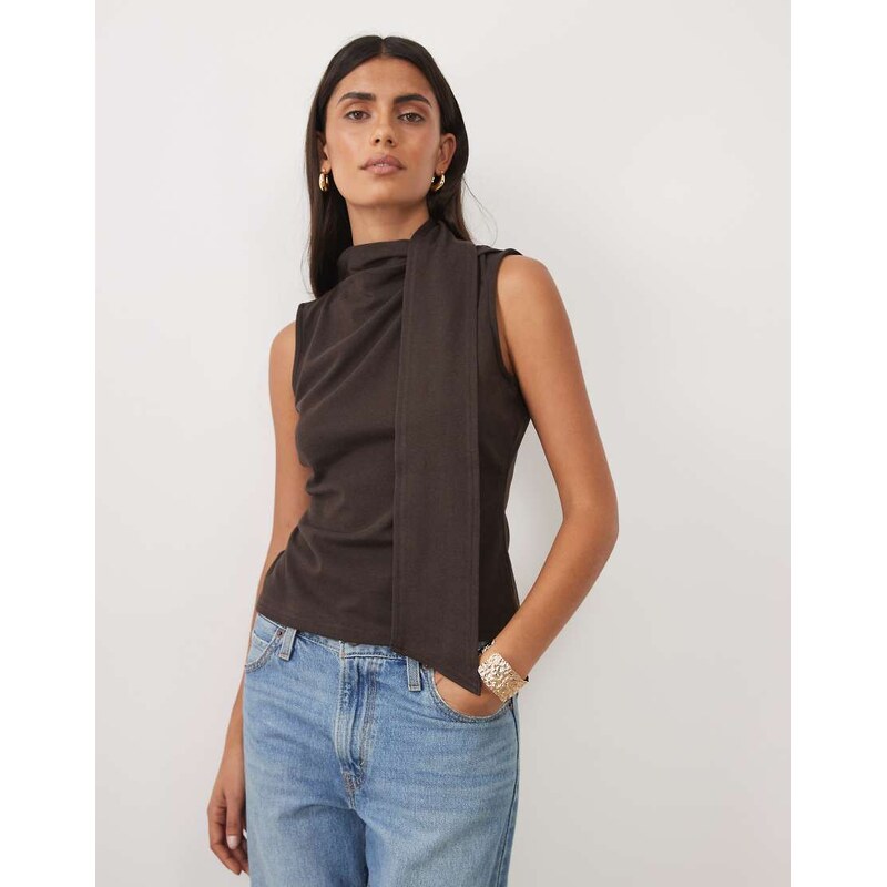 ASOS DESIGN supersoft tie neck scarf top in chocolate-Brown