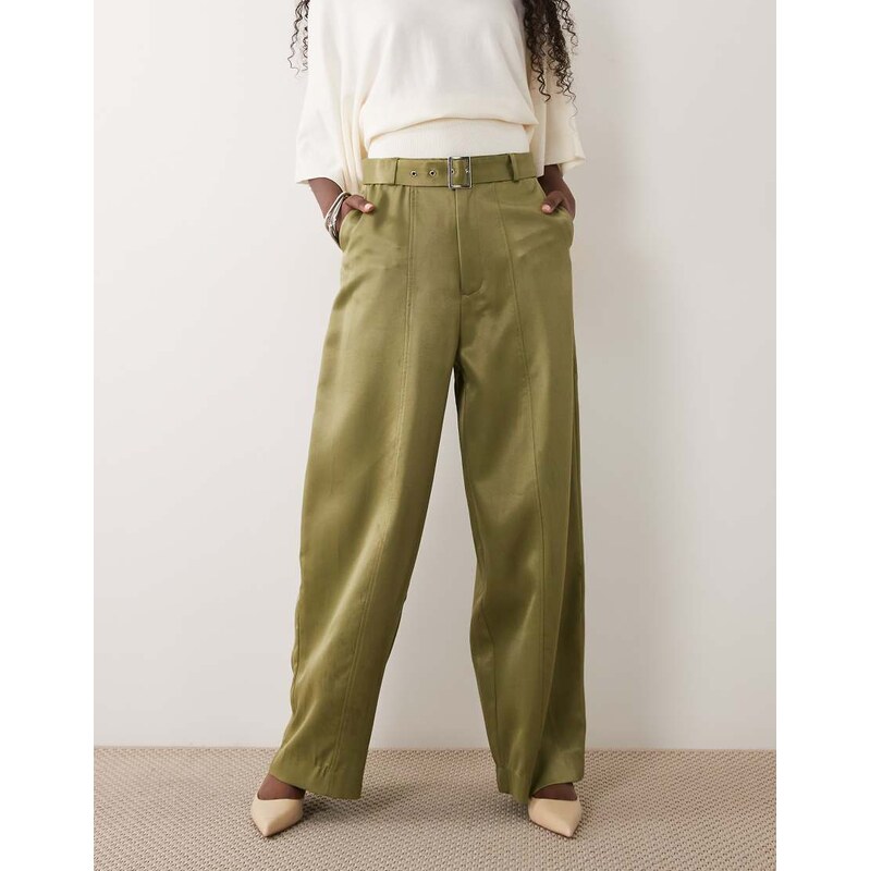 ASOS DESIGN satin wide leg belted trousers in olive-Green