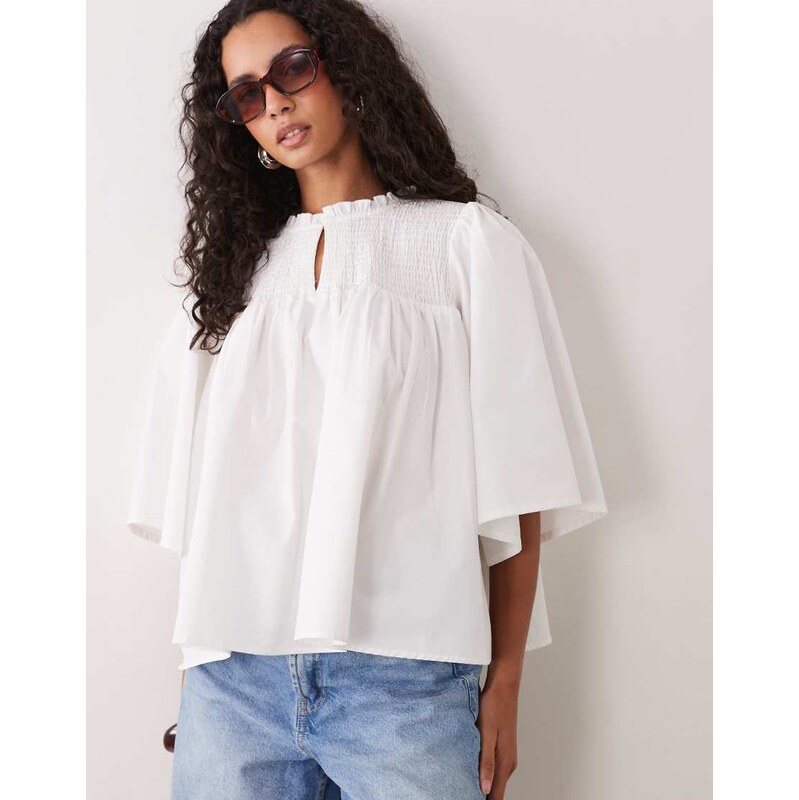 ASOS DESIGN boho blouse smock neck top in white