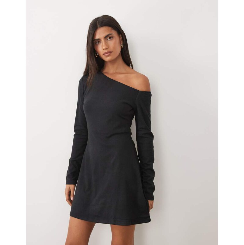 ASOS DESIGN supersoft slash neck long sleeve mini dress in black
