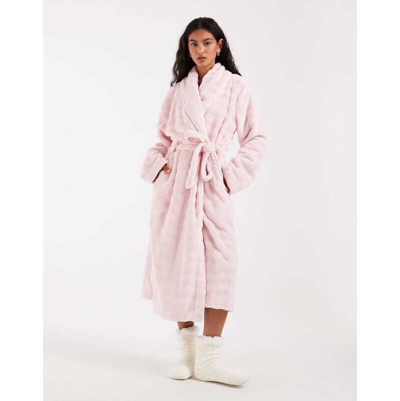 Loungeable bubble cut fleece shawl collar midi robe in pink