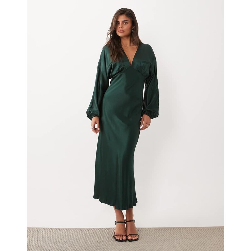 Nobodys Child Allura satin bias plunge neck balloon sleeve midi
