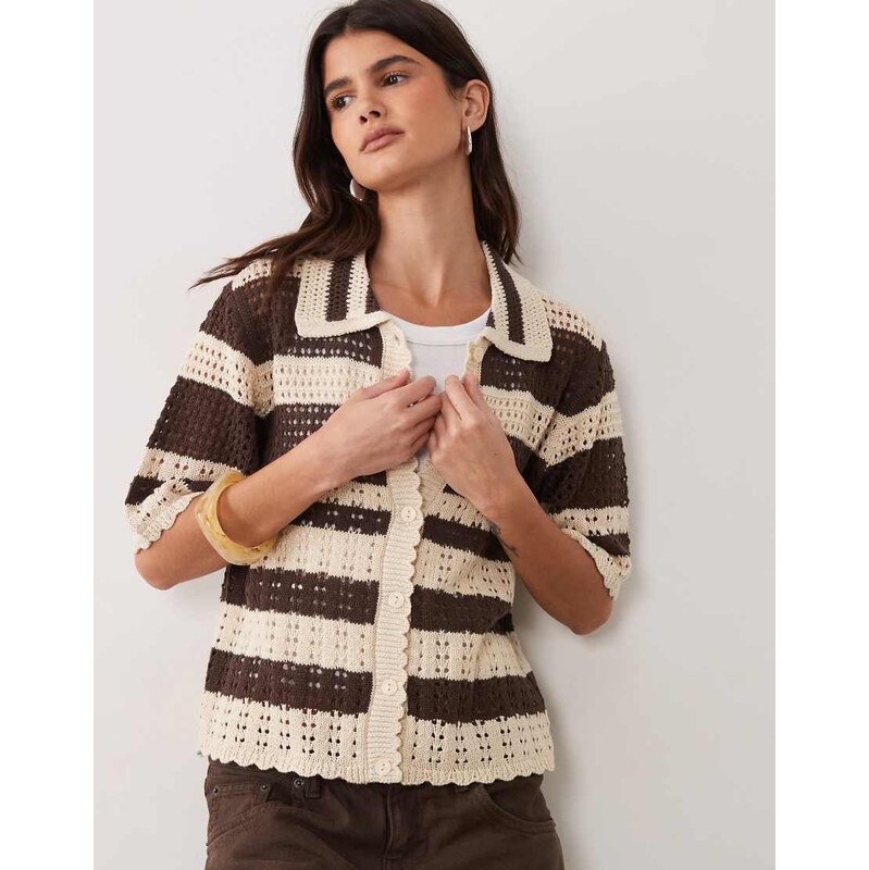 JDY short sleeve crochet cardigan in brown stripes