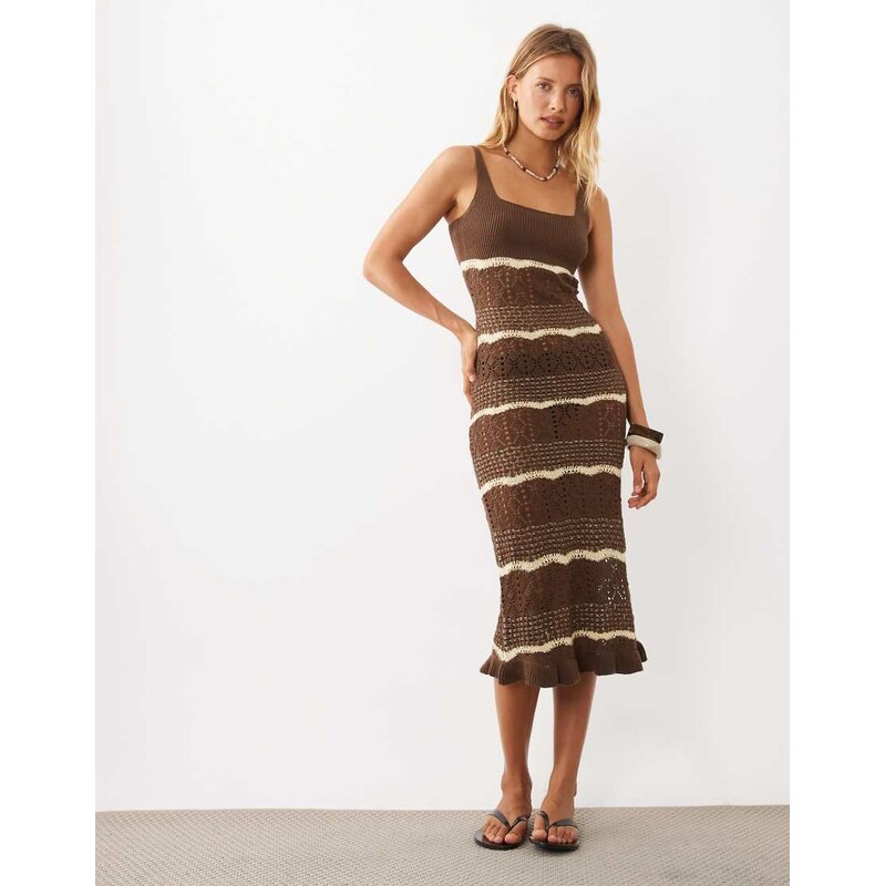 Miss Selfridge stripe crochet maxi dress in brown