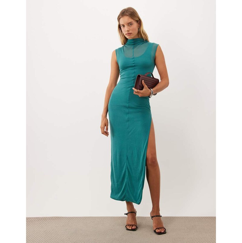 ASOS DESIGN soft semi sheer high neck sleeveless column maxi