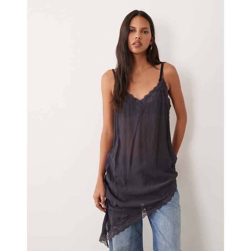 Mango asymmetric cami top with lace trim in charcoal-Grey
