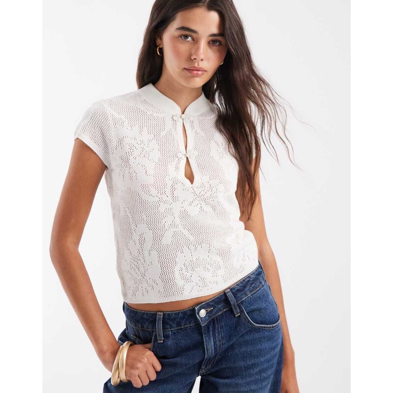 ASOS DESIGN knitted mandarin collar short sleeve floral stitch