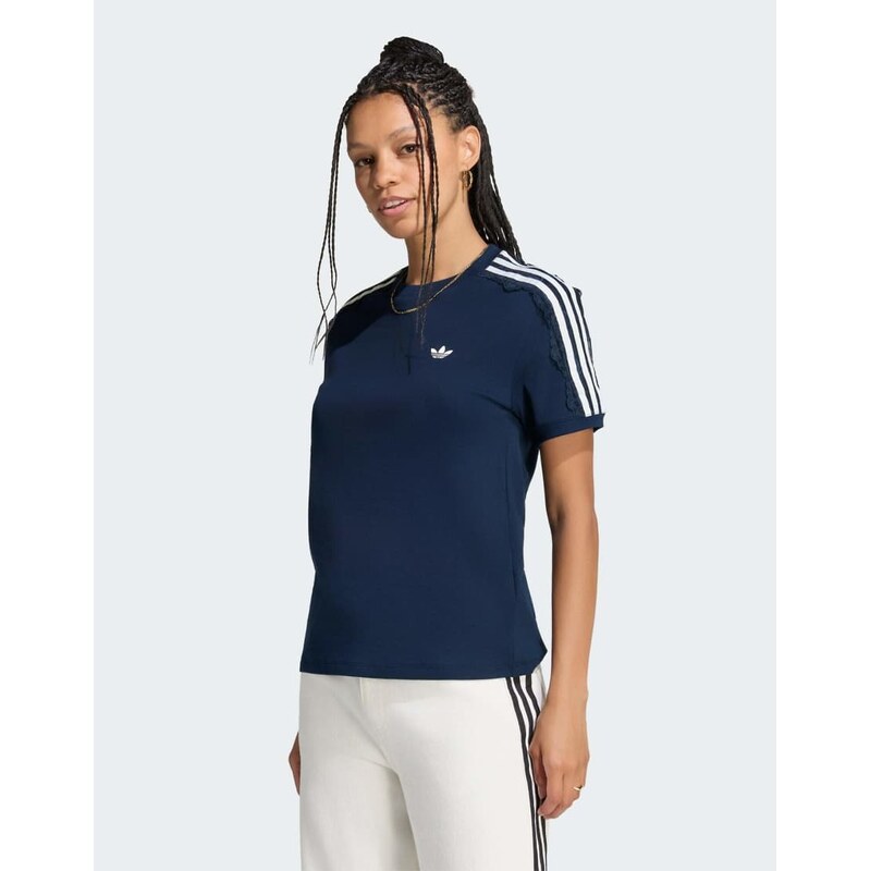 adidas Originals Lace 3 stripes tee in collegiate navy-Blue