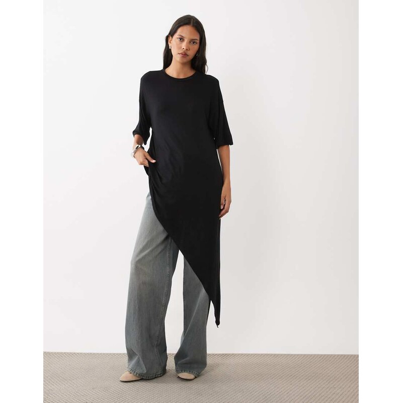 ASOS DESIGN crew neck asymmetric ruffle hem top in black