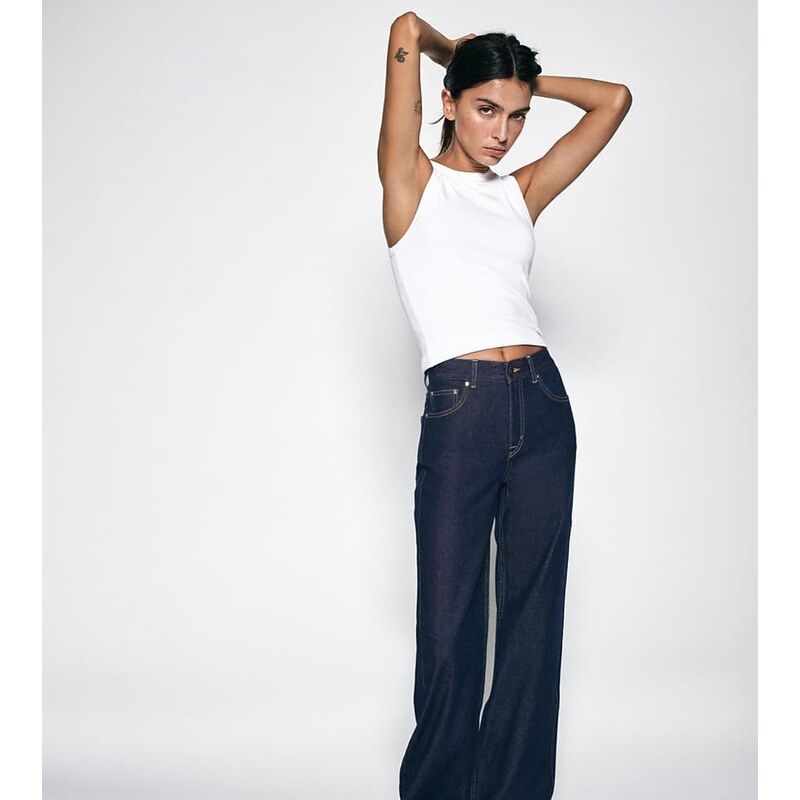 Pull&Bear Petite straight wide-leg jeans in navy