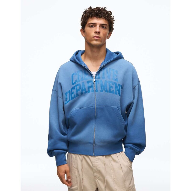 Bershka Washed printed zip-through hoodie in blue-Navy