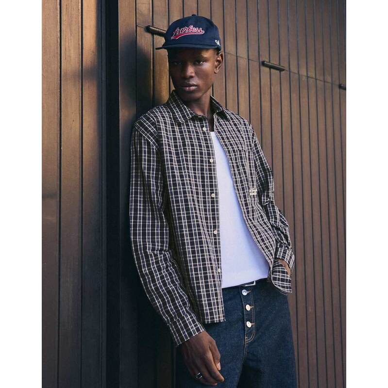 Bershka Long sleeve embroidered check shirt in blue-Navy