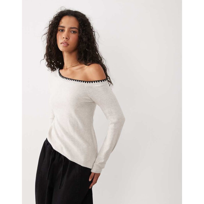 Mango Teen stitch detail long sleeve top in beige-Neutral