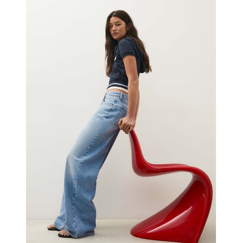Bershka High-waist wide-leg ripped jeans in mid blue