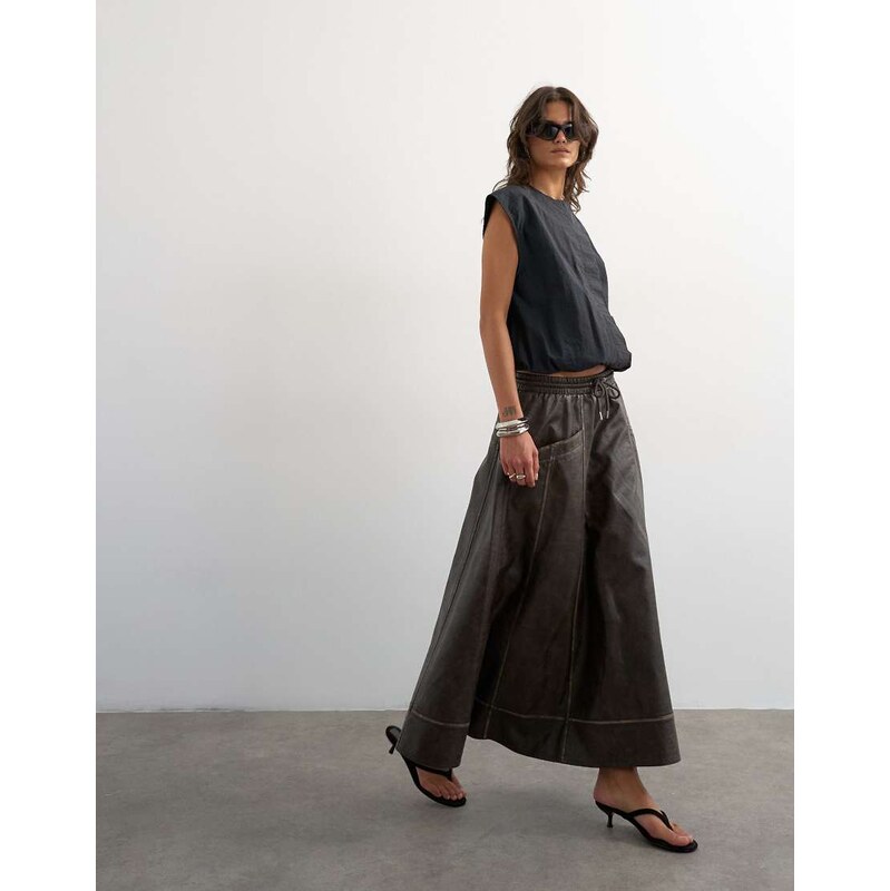 Topshop high shine leather look maxii skirt with side pockets in