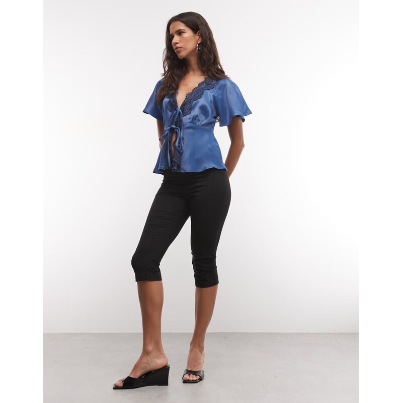 Reclaimed vintage tie front top with lace trims in blue-Navy
