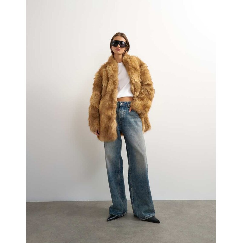Topshop collarless mid length faux fur coat in multi