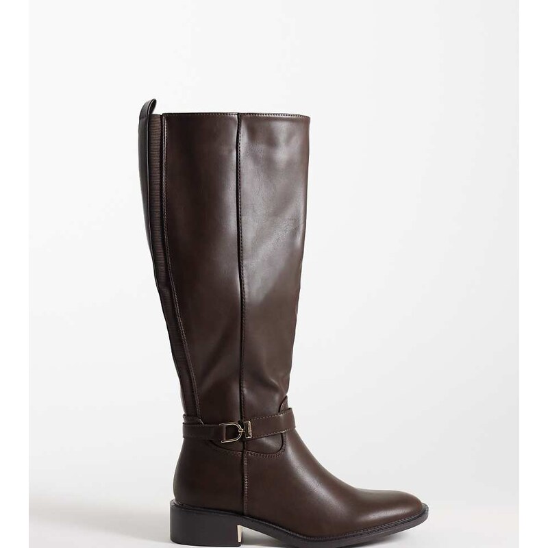 SEQWL Wide Fit Latte buckle riding boots in chocolate brown