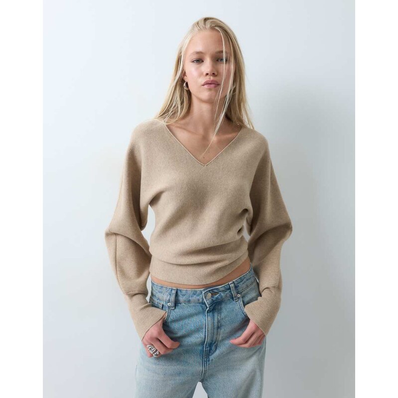 ASOS DESIGN compact batwing jumper in camel-Neutral