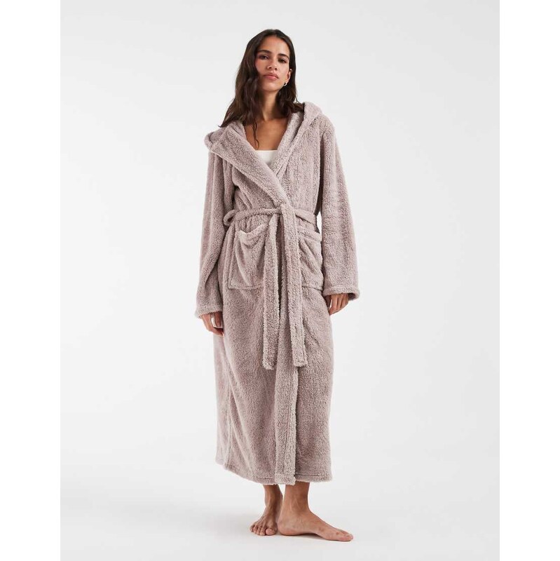 Loungeable cosy sherpa hooded maxi robe in mink-Neutral