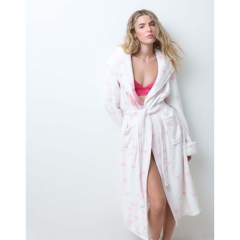 Loungeable cosy hooded midi robe in pink bow print