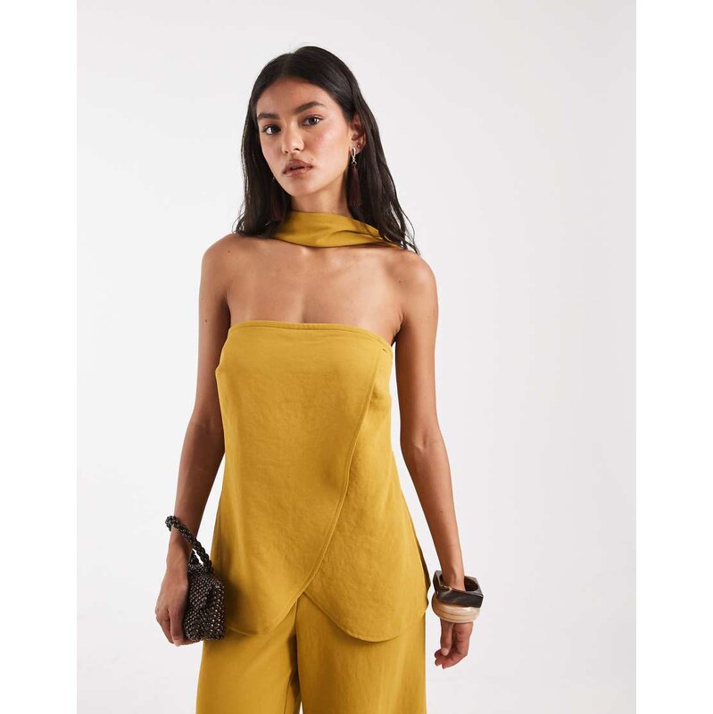 ASOS DESIGN tailored bandeau top with scarf detail in gold-Brown