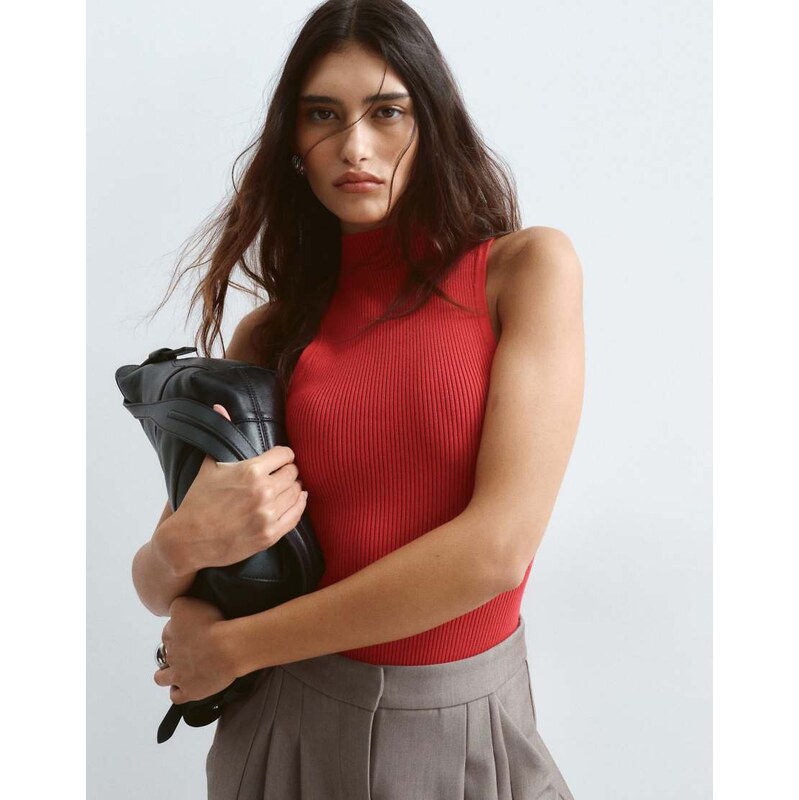 ARRANGE soft knit rib racer bodysuit in red