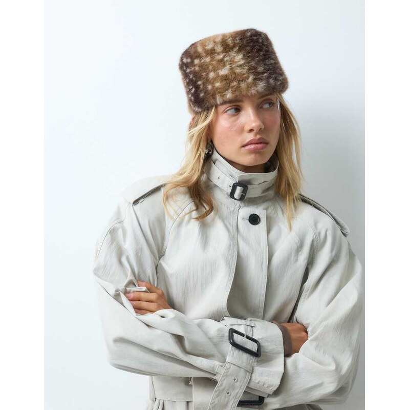 ASOS DESIGN faux fur pillbox hat in deer print-Brown