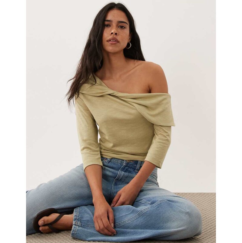Miss Selfridge twist off shoulder top in olive-Green