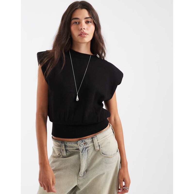 ASOS DESIGN knitted top with shoulder pads details in black