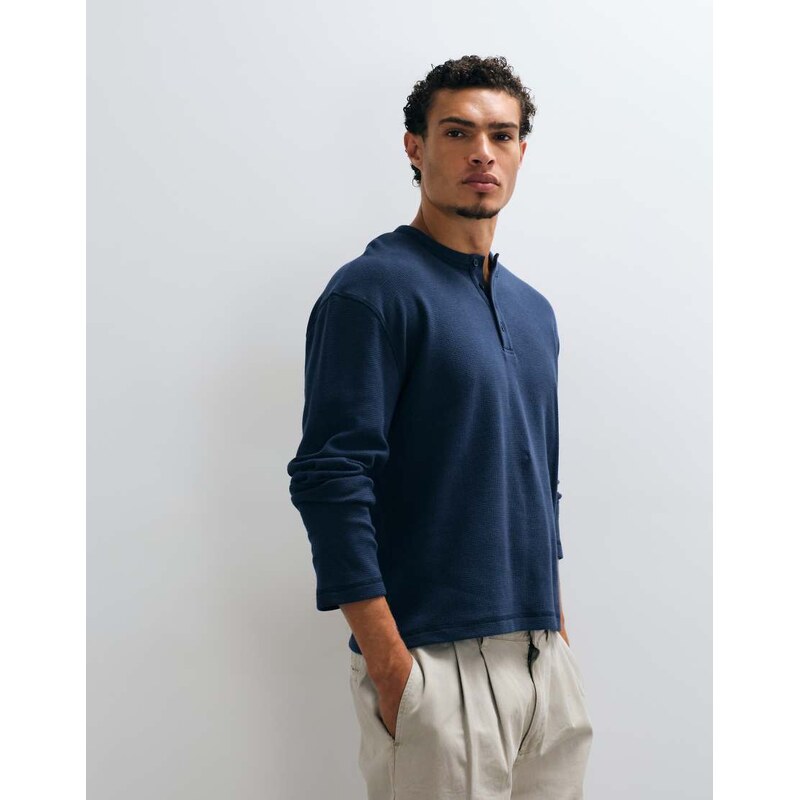 COLLUSION long sleeve button down henley in navy