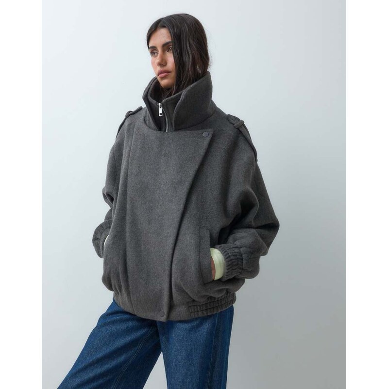 ASOS DESIGN formal oversized biker jacket with wool in charcoal