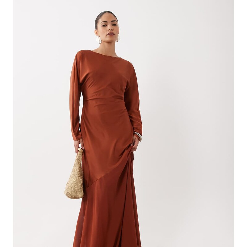 TFNC Petite satin bias round neck long sleeve chiffon skirt
