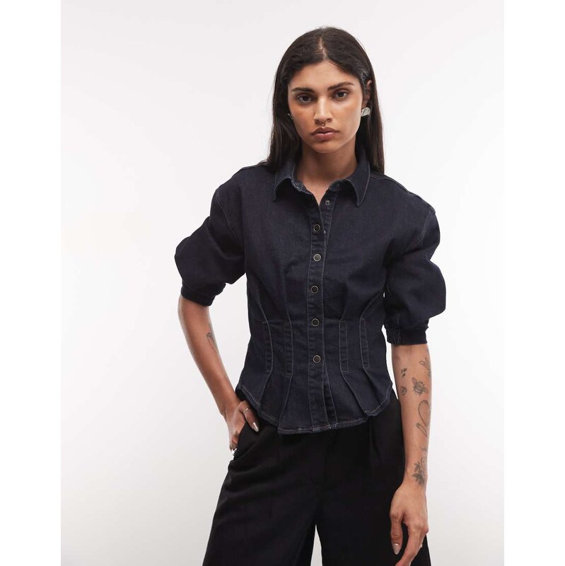 AllSaints Nancy pleated denim shirt with balloon sleeve and