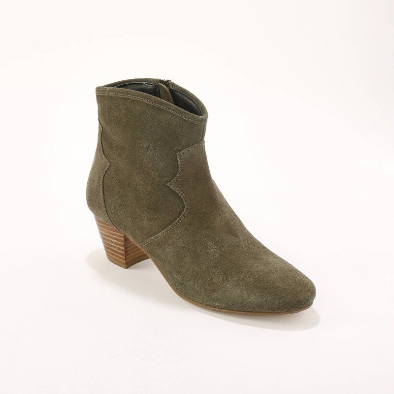 Blancheporte Kotníkové kožené boty ve western stylu khaki