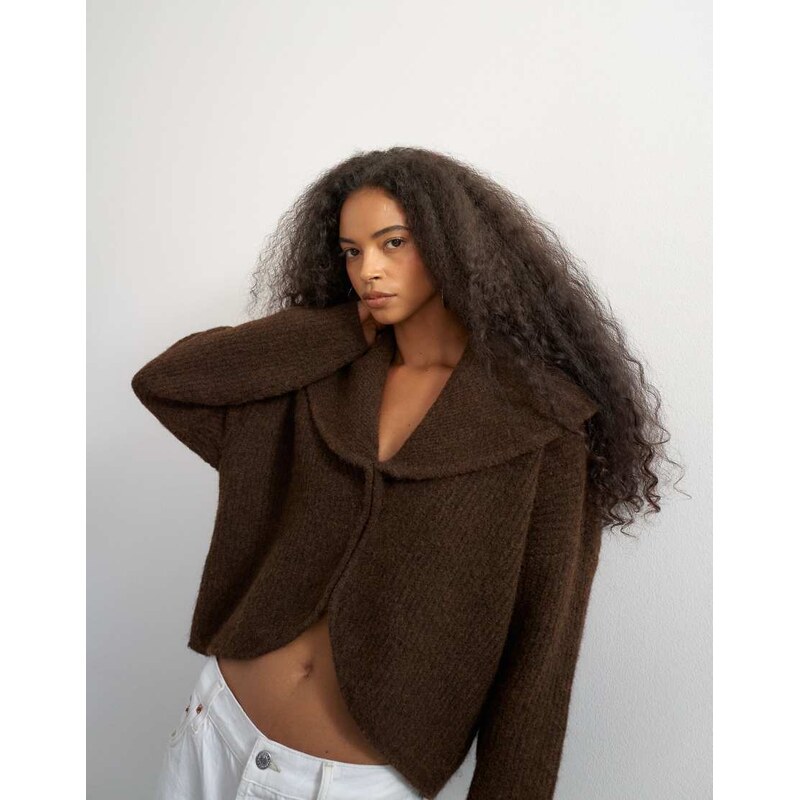 Topshop knitted shawl collared cardigan in pecan-Brown