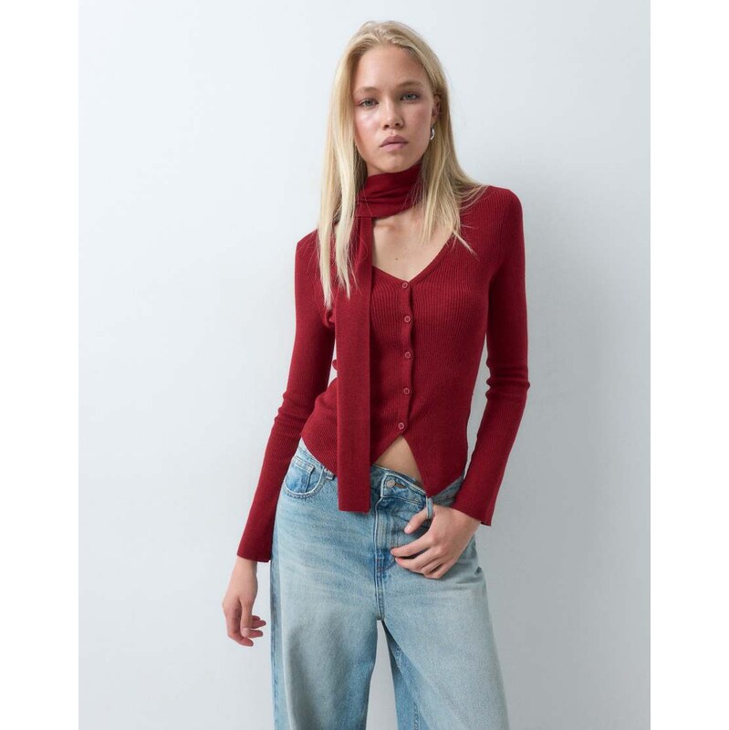 ASOS DESIGN v neck cardi with scarf in red