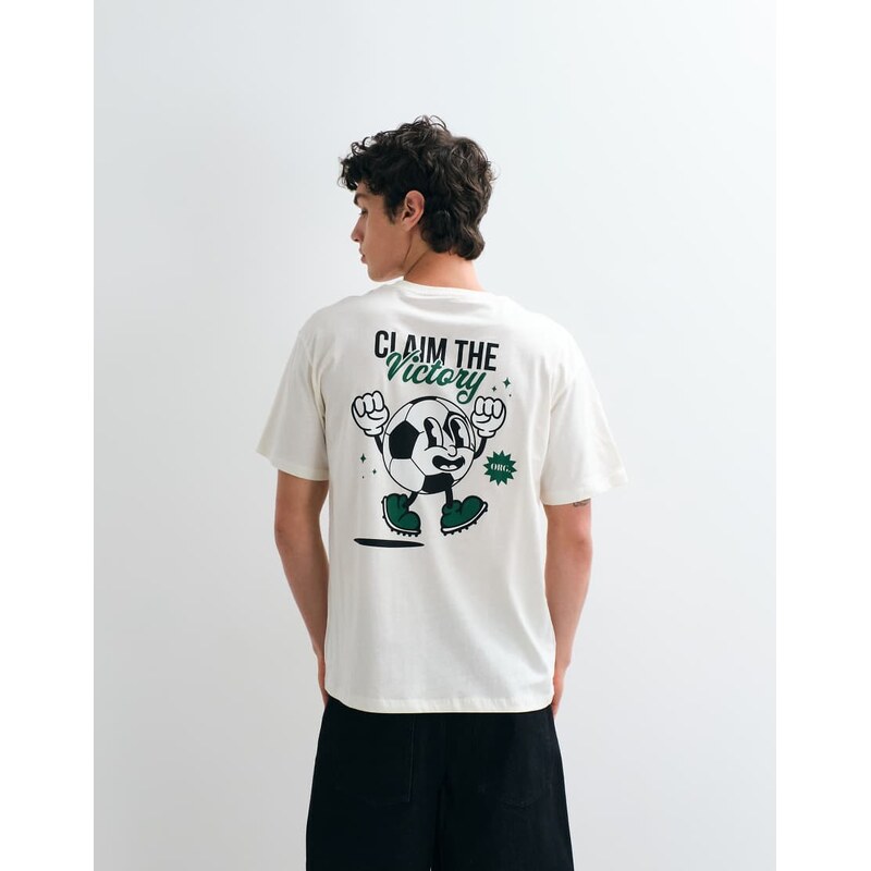 Jack & Jones football pitch backprint t-shirt in cream-White