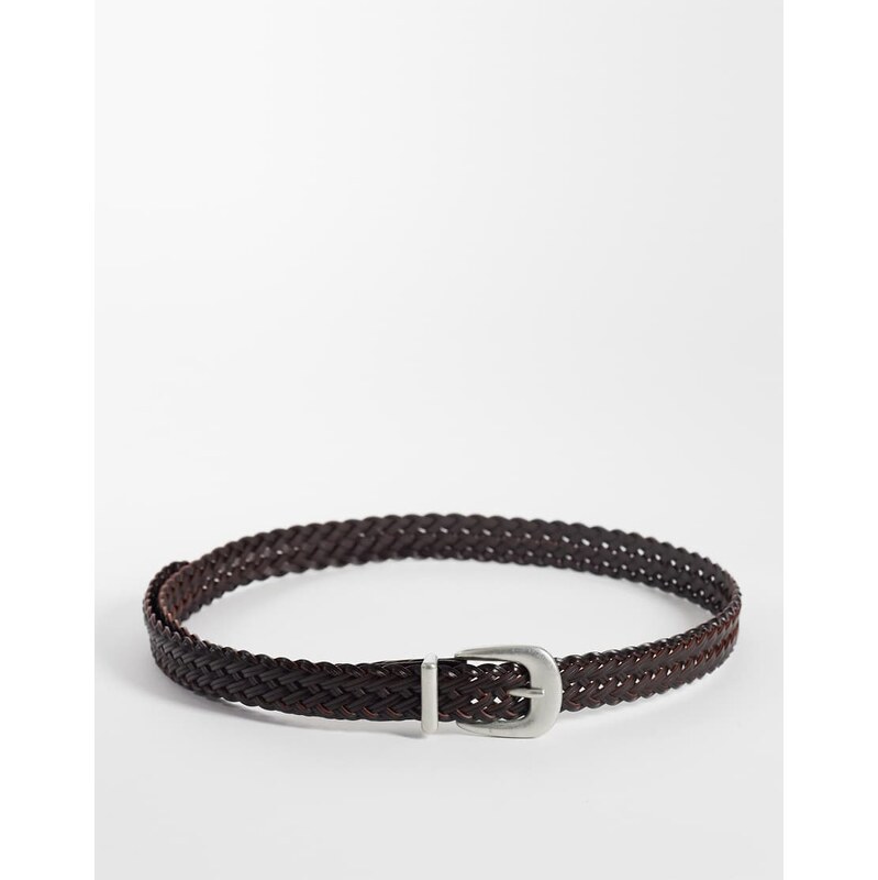 ASOS DESIGN skinny woven leather belt with silver curve buckle