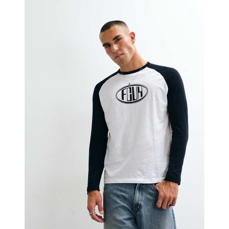 French Connection FCUK logo raglan long sleeve t-shirt in white