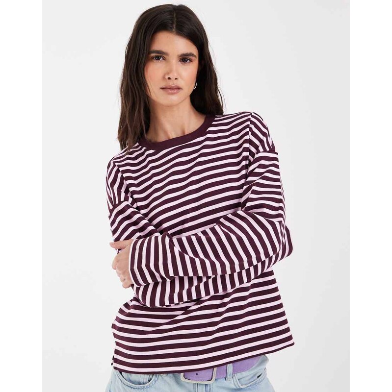 Noisy May long sleeve top in burgundy stripes-Red